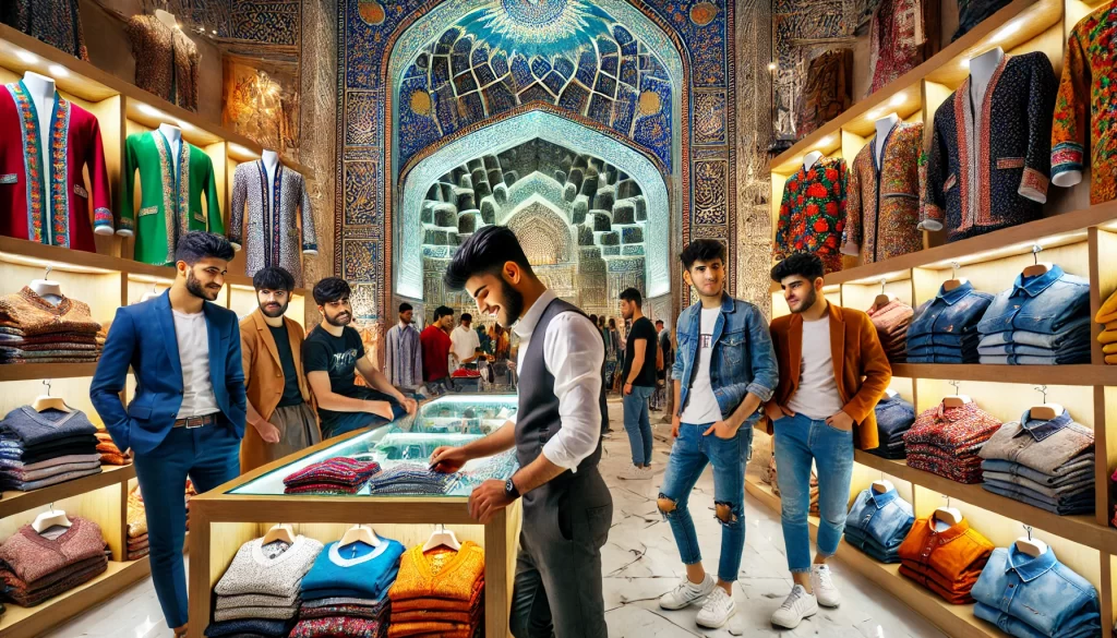 +۳۰ نمونه متن پیامک تبلیغاتی پوشاک - برای جذب مشتری و فروش لباس 3 DALL·E 2025 01 02 12.54.35 A vibrant clothing store near the historical site of Taq Bostan in Kermanshah Iran. The shop features a young Kurdish man dressed traditionally wor